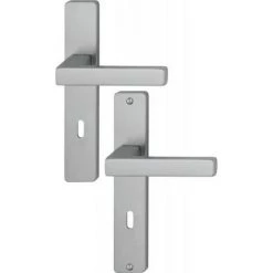 HOPPE Béquille Double Sur Plaque Entraxe 195 Mm Ligne Toulon Clé L Inox Brossé F9 Pour Porte épaisseur 58-67 - Aluminium Aspect Inox